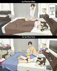 A Day in the Life of a Couple: Their First Month Living Together vs. One Year Later | Une journée dans la vie d'un couple : Premier mois vs un an plus tard — hentai manga cover on Fhentai