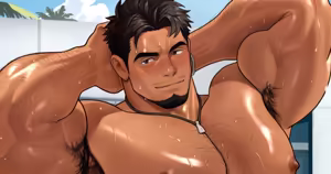 Muscular middle-aged actor during a gym commercial shoot — hentai manga cover on Fhentai